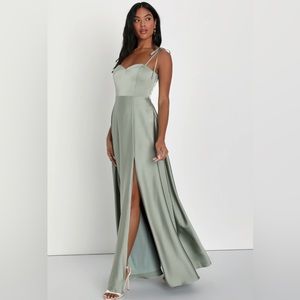 Lulu’s Delightful Vision Sage Green Tie-Strap
Satin Maxi Dress - Large